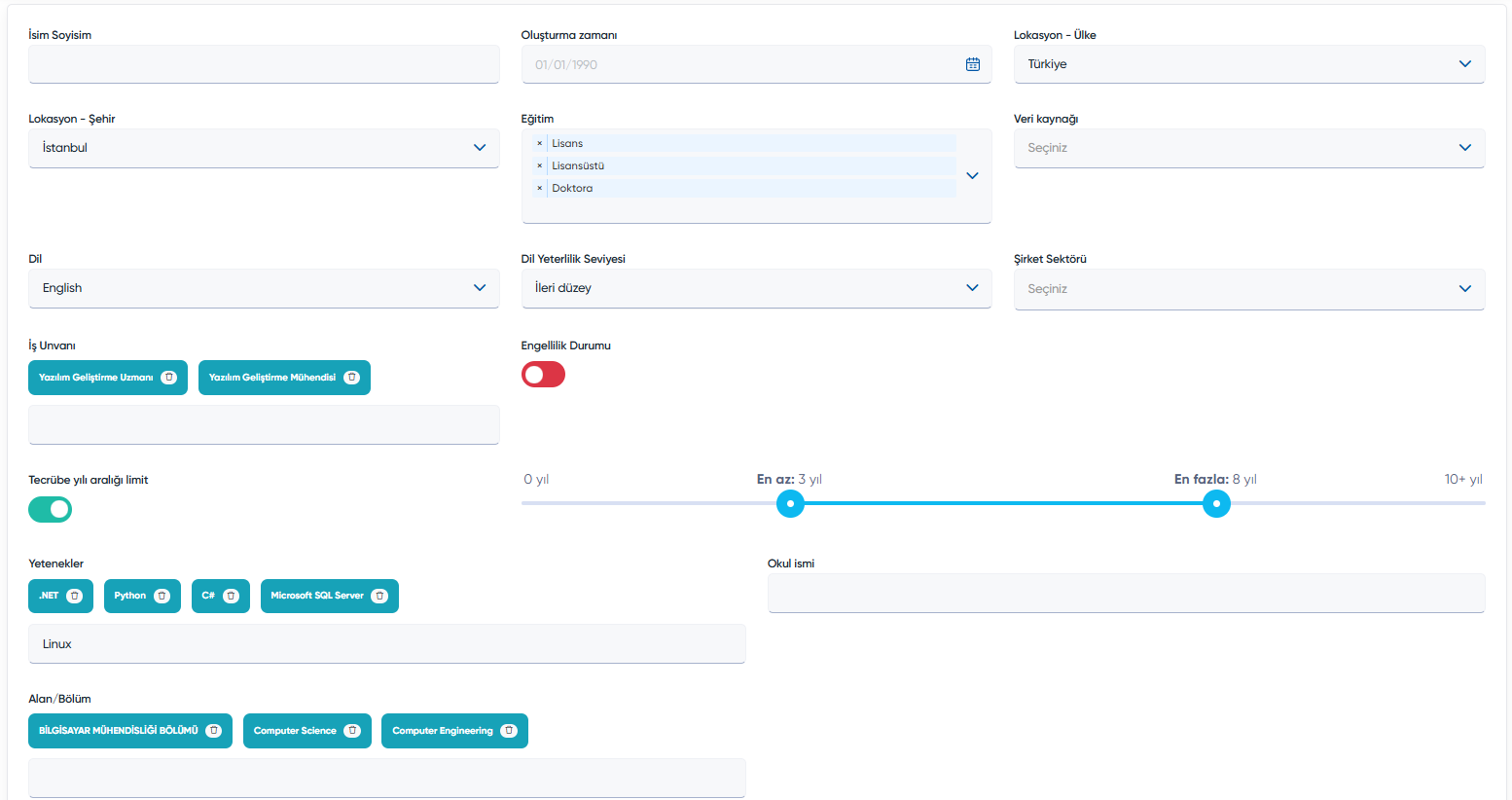 Hireinone candidate filters screenshot